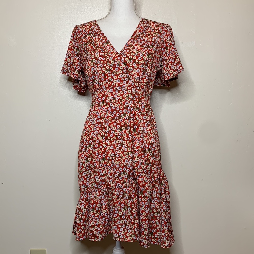 SHEIN Dress Red Ditsy Floral Surplice Neckline Asymmetrical Hem Ruffle 4